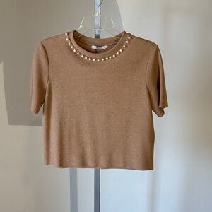 Zara Tan Pearl-Accented Crop Top.
